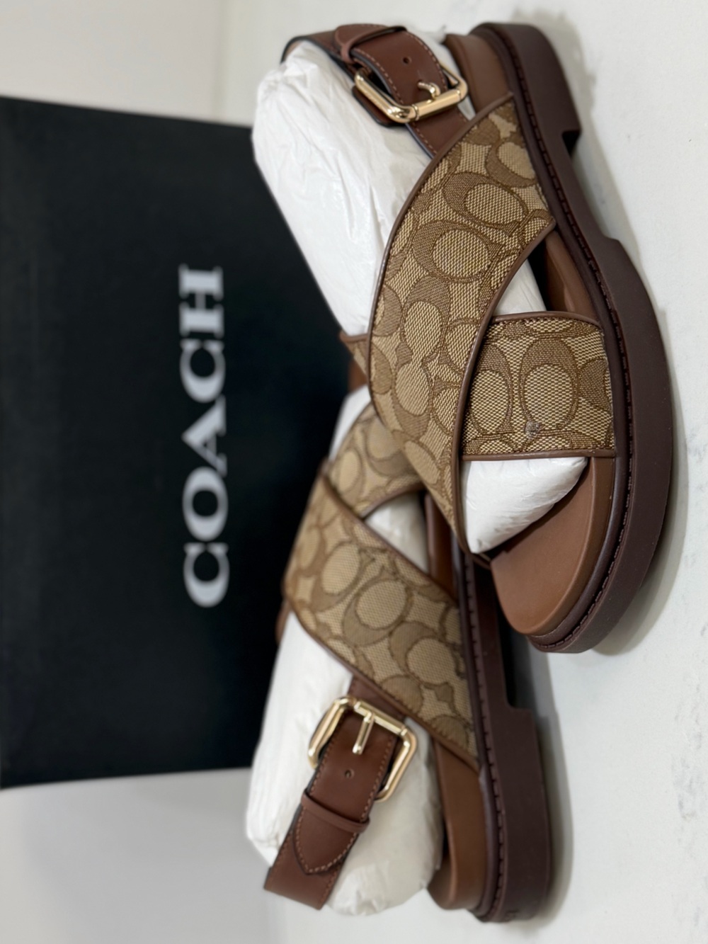 Coach Khaki Signature Canvas & Brown Leather Cross-Strap Sandals - Picture 1 of 14